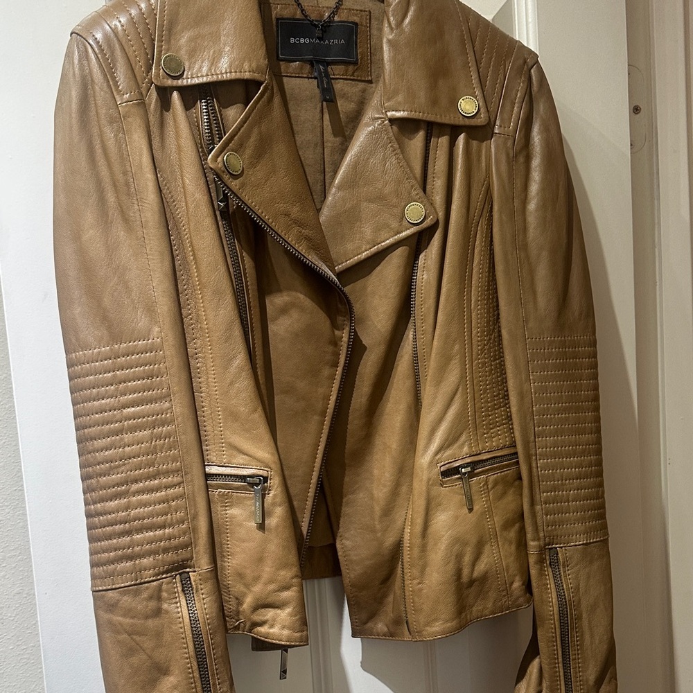 BCBGMaxAzria Camel Leather Biker Jacket